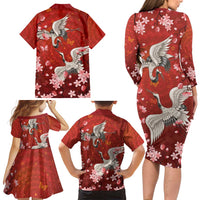 Hawaii Japan Cranes Sakura Flower Red Family Matching Long Sleeve Bodycon Dress and Hawaiian Shirt Japan Heritage Spirit LT01 - Polynesian Pride