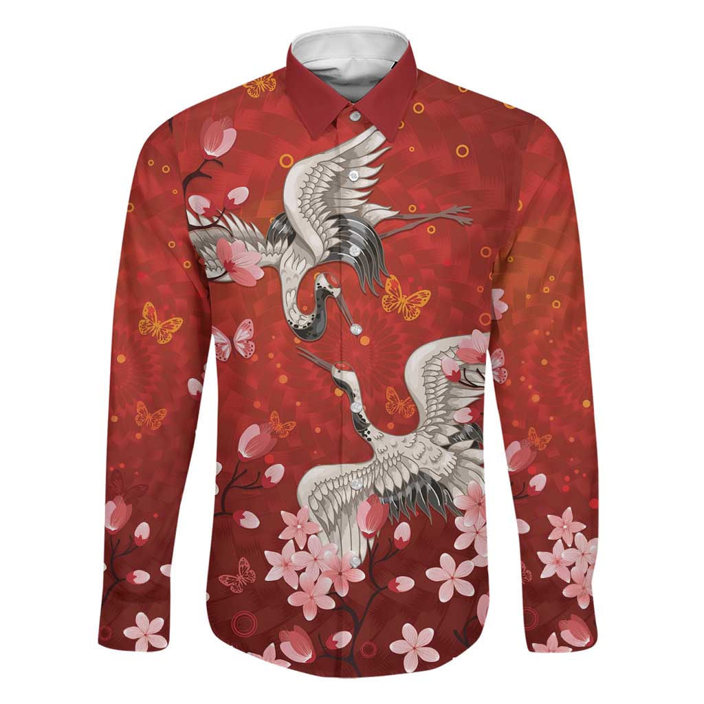 Hawaii Japan Cranes Sakura Flower Red Family Matching Off The Shoulder Long Sleeve Dress and Hawaiian Shirt Japan Heritage Spirit LT01 Dad's Shirt - Long Sleeve Red - Polynesian Pride