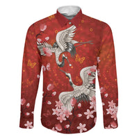 Hawaii Japan Cranes Sakura Flower Red Family Matching Off The Shoulder Long Sleeve Dress and Hawaiian Shirt Japan Heritage Spirit LT01 Dad's Shirt - Long Sleeve Red - Polynesian Pride