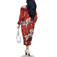 Hawaii Japan Cranes Sakura Flower Red Family Matching Off The Shoulder Long Sleeve Dress and Hawaiian Shirt Japan Heritage Spirit LT01 - Polynesian Pride