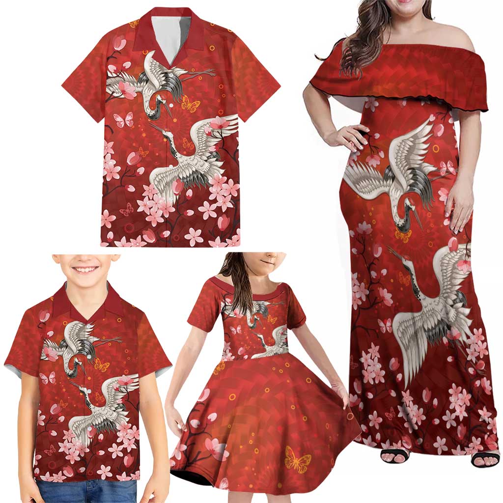 Hawaii Japan Cranes Sakura Flower Red Family Matching Off Shoulder Maxi Dress and Hawaiian Shirt Japan Heritage Spirit LT01 - Polynesian Pride