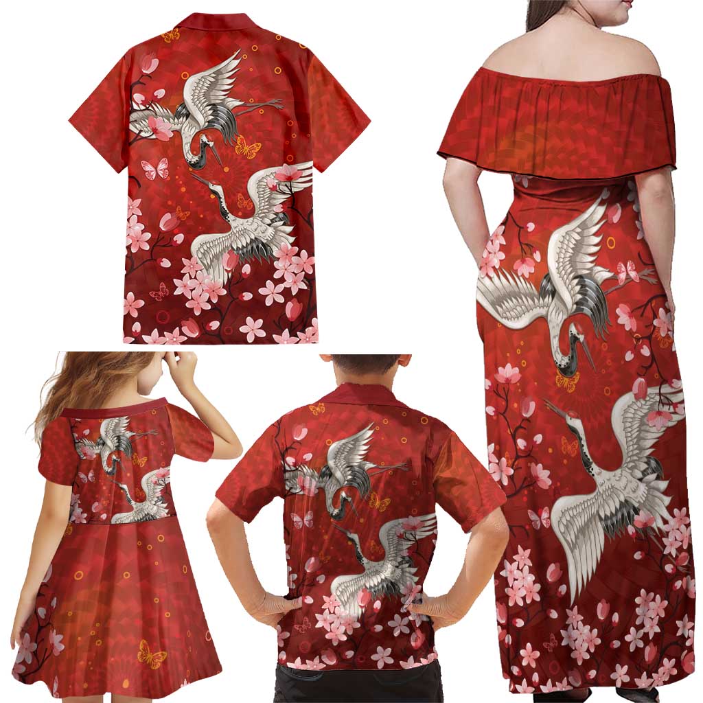Hawaii Japan Cranes Sakura Flower Red Family Matching Off Shoulder Maxi Dress and Hawaiian Shirt Japan Heritage Spirit LT01 - Polynesian Pride