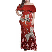Hawaii Japan Cranes Sakura Flower Red Family Matching Off Shoulder Maxi Dress and Hawaiian Shirt Japan Heritage Spirit LT01 Mom's Dress Red - Polynesian Pride