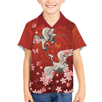 Hawaii Japan Cranes Sakura Flower Red Family Matching Off Shoulder Short Dress and Hawaiian Shirt Japan Heritage Spirit LT01 Son's Shirt Red - Polynesian Pride