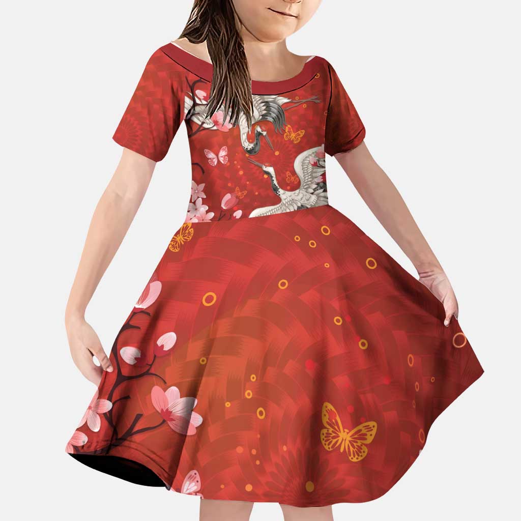 Hawaii Japan Cranes Sakura Flower Red Family Matching Puletasi and Hawaiian Shirt Japan Heritage Spirit LT01 Daughter's Dress Red - Polynesian Pride
