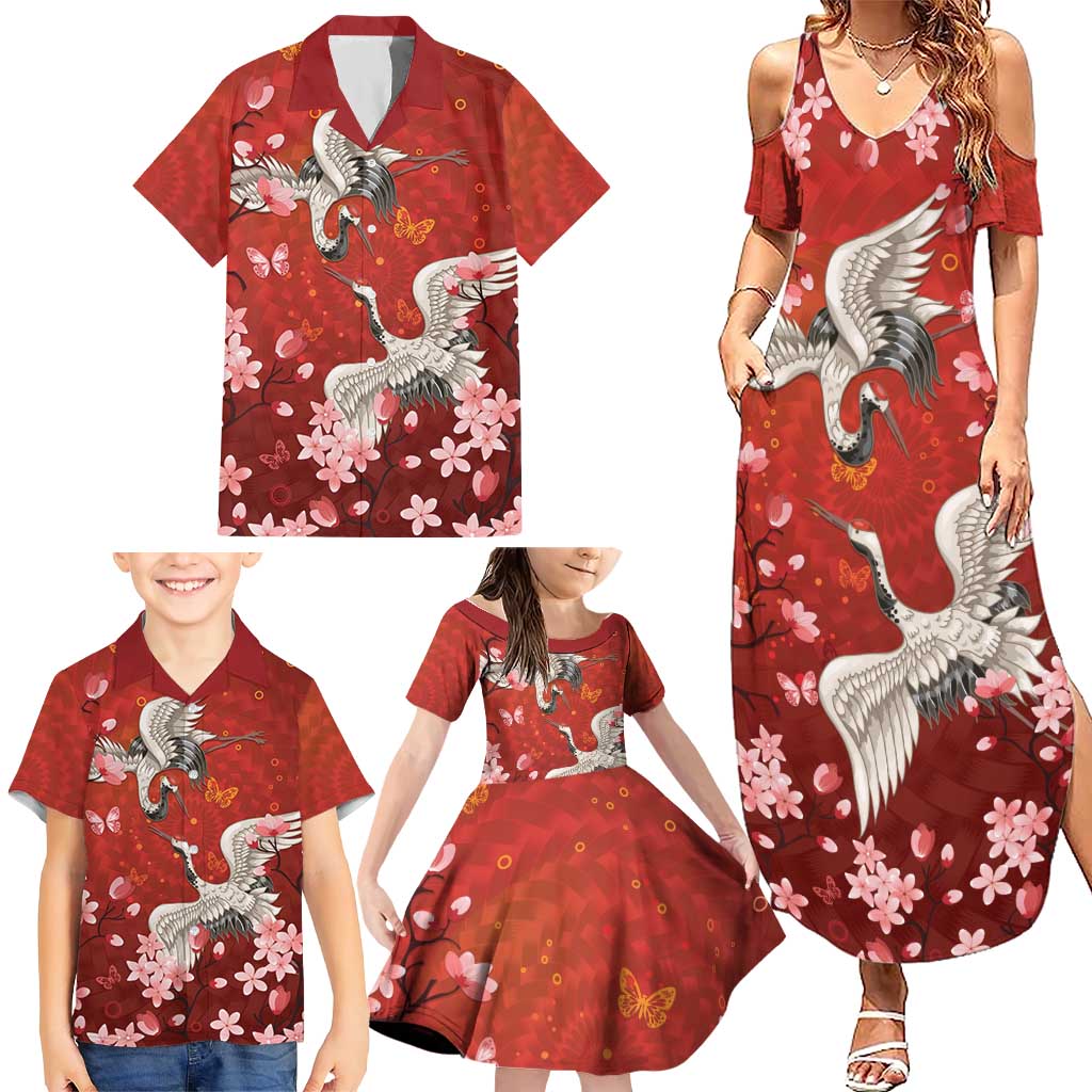 Hawaii Japan Cranes Sakura Flower Red Family Matching Summer Maxi Dress and Hawaiian Shirt Japan Heritage Spirit LT01 - Polynesian Pride
