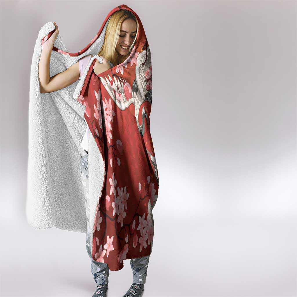 Hawaii Japan Cranes Sakura Flower Red Hooded Blanket Japan Heritage Spirit - Polynesian Pride