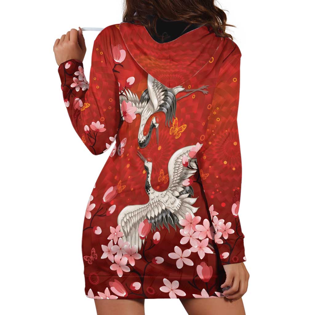 Hawaii Japan Cranes Sakura Flower Red Hoodie Dress Japan Heritage Spirit LT01 - Polynesian Pride