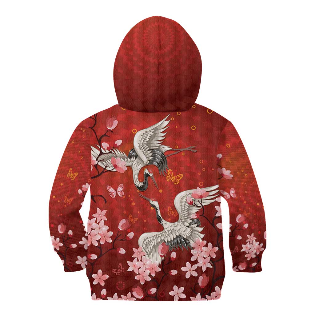 Hawaii Japan Cranes Sakura Flower Red Kid Hoodie Japan Heritage Spirit LT01 - Polynesian Pride