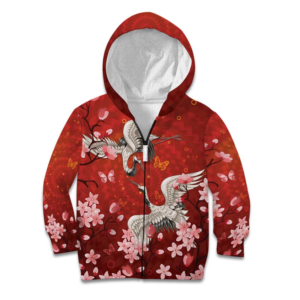 Hawaii Japan Cranes Sakura Flower Red Kid Hoodie Japan Heritage Spirit LT01 Zip Hoodie Red - Polynesian Pride