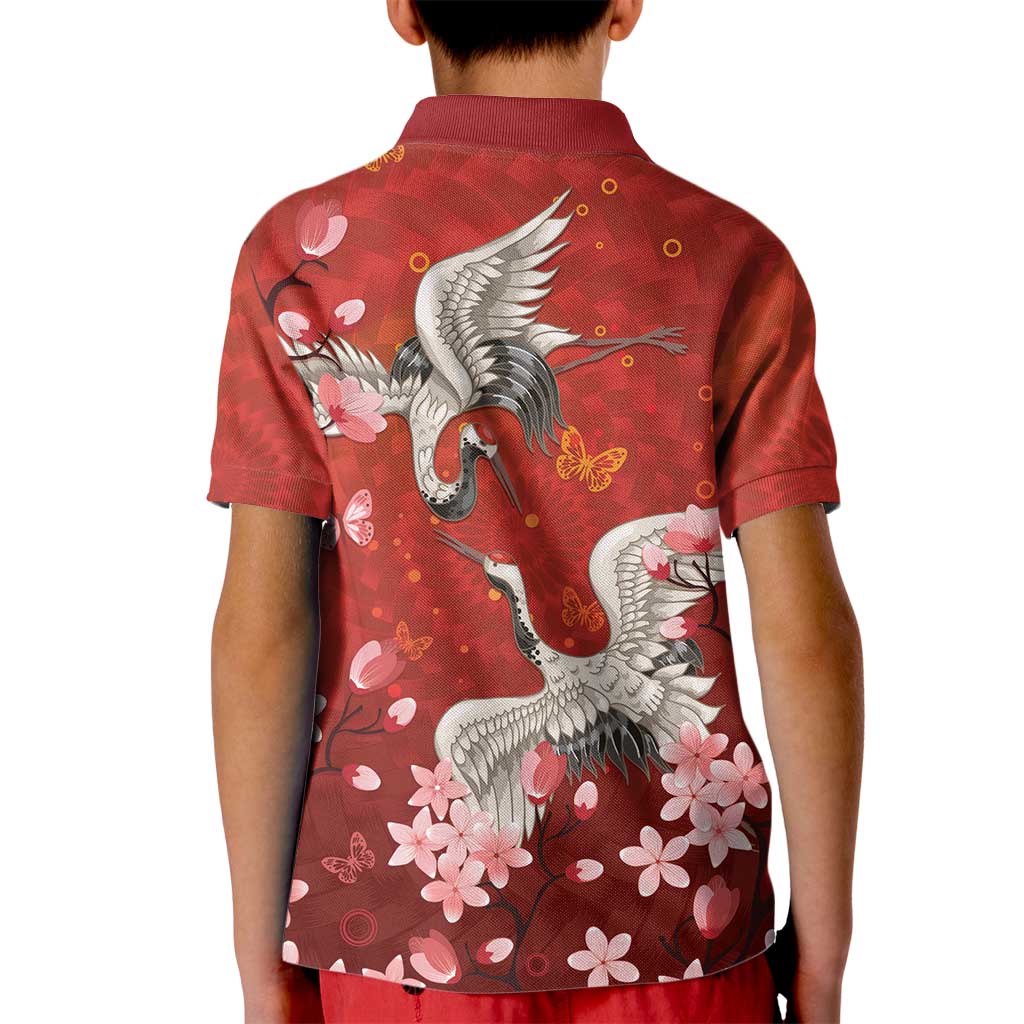 Hawaii Japan Cranes Sakura Flower Red Kid Polo Shirt Japan Heritage Spirit LT01 - Polynesian Pride