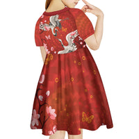 Hawaii Japan Cranes Sakura Flower Red Kid Short Sleeve Dress Japan Heritage Spirit LT01 - Polynesian Pride