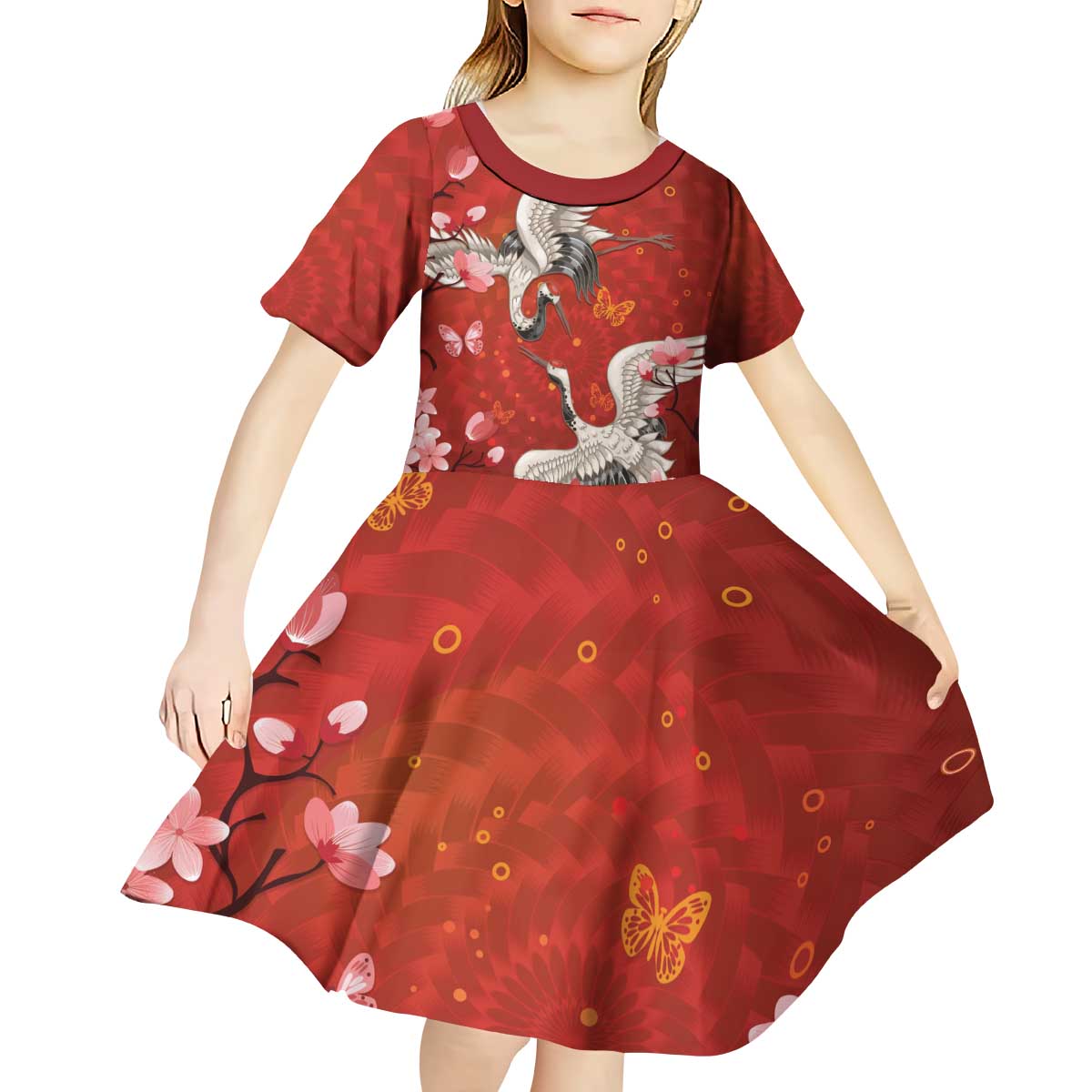 Hawaii Japan Cranes Sakura Flower Red Kid Short Sleeve Dress Japan Heritage Spirit LT01 - Polynesian Pride