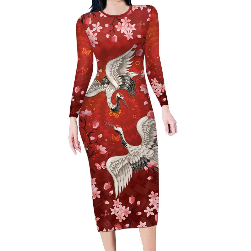 Hawaii Japan Cranes Sakura Flower Red Long Sleeve Bodycon Dress Japan Heritage Spirit LT01 Long Dress Red - Polynesian Pride