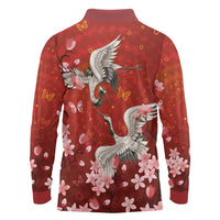 Hawaii Japan Cranes Sakura Flower Red Long Sleeve Polo Shirt Japan Heritage Spirit LT01 - Polynesian Pride
