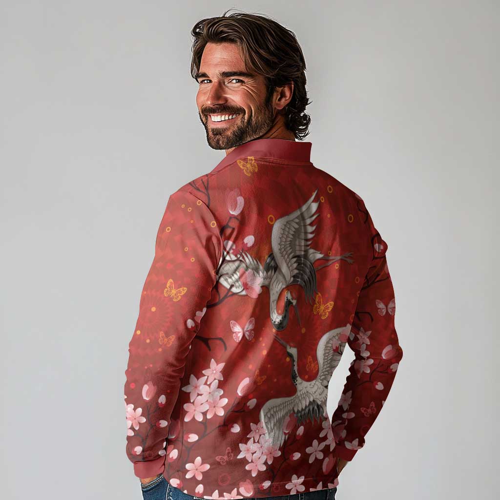 Hawaii Japan Cranes Sakura Flower Red Long Sleeve Polo Shirt Japan Heritage Spirit LT01 - Polynesian Pride