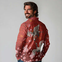 Hawaii Japan Cranes Sakura Flower Red Long Sleeve Polo Shirt Japan Heritage Spirit LT01 - Polynesian Pride