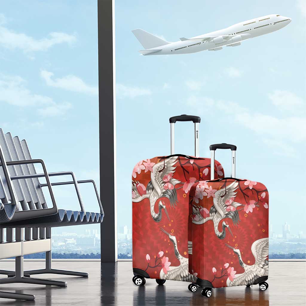 Hawaii Japan Cranes Sakura Flower Red Luggage Cover Japan Heritage Spirit - Polynesian Pride