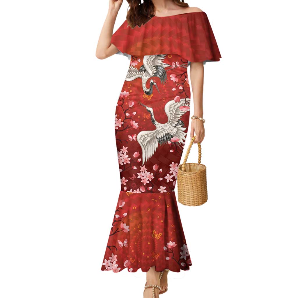 Hawaii Japan Cranes Sakura Flower Red Mermaid Dress Japan Heritage Spirit LT01 Women Red - Polynesian Pride