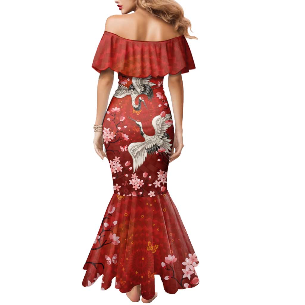 Hawaii Japan Cranes Sakura Flower Red Mermaid Dress Japan Heritage Spirit LT01 - Polynesian Pride