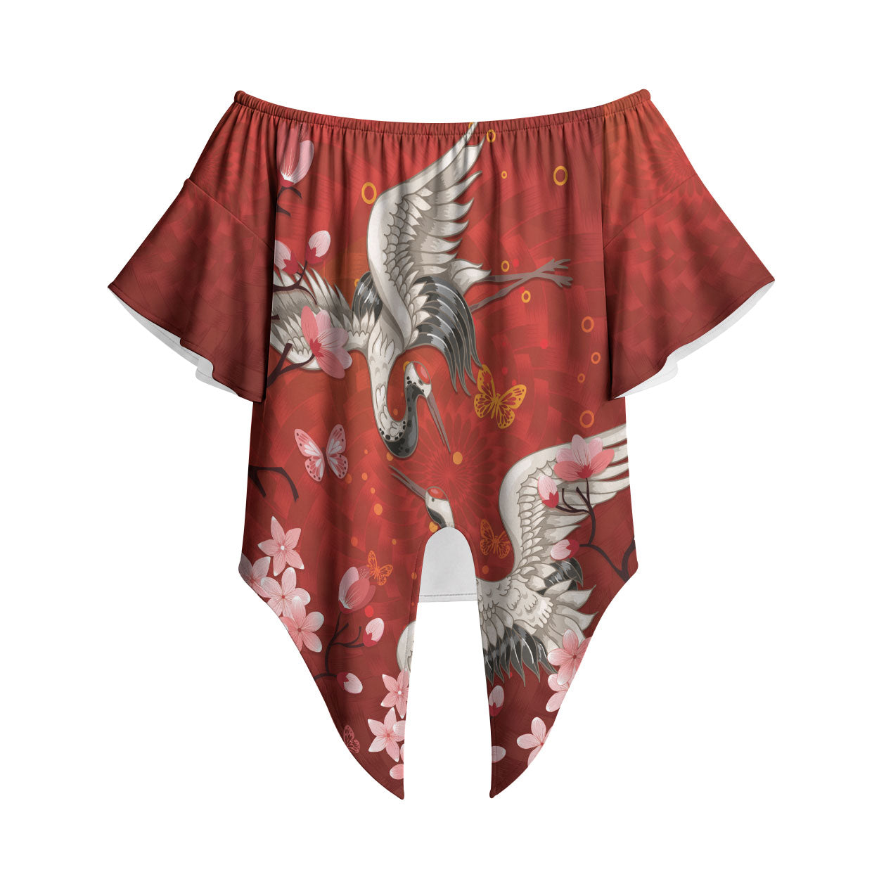 Hawaii Japan Cranes Sakura Flower Red Off Shoulder Wrap Waist Top Japan Heritage Spirit LT01 Red - Polynesian Pride