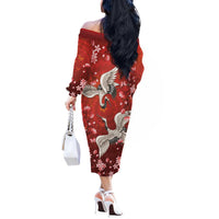 Hawaii Japan Cranes Sakura Flower Red Off The Shoulder Long Sleeve Dress Japan Heritage Spirit LT01 - Polynesian Pride