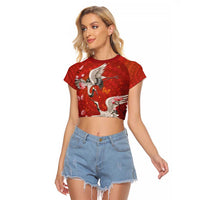 Hawaii Japan Cranes Sakura Flower Red Raglan Cropped T Shirt Japan Heritage Spirit LT01 Female Red - Polynesian Pride