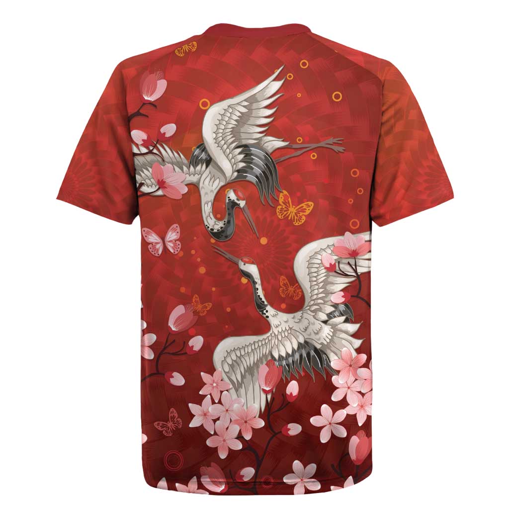 Hawaii Japan Cranes Sakura Flower Red Rugby Jersey Japan Heritage Spirit - Polynesian Pride