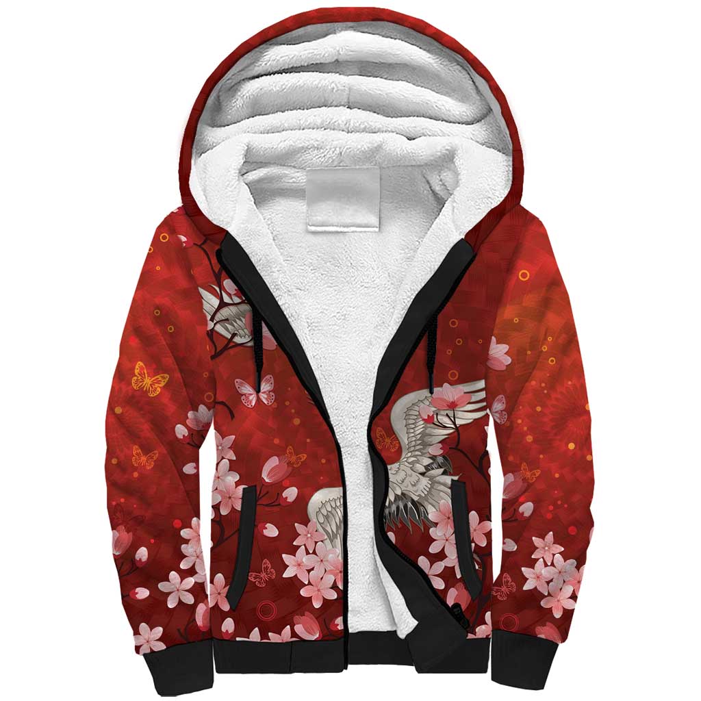 Hawaii Japan Cranes Sakura Flower Red Sherpa Hoodie Japan Heritage Spirit LT01 Unisex Red - Polynesian Pride