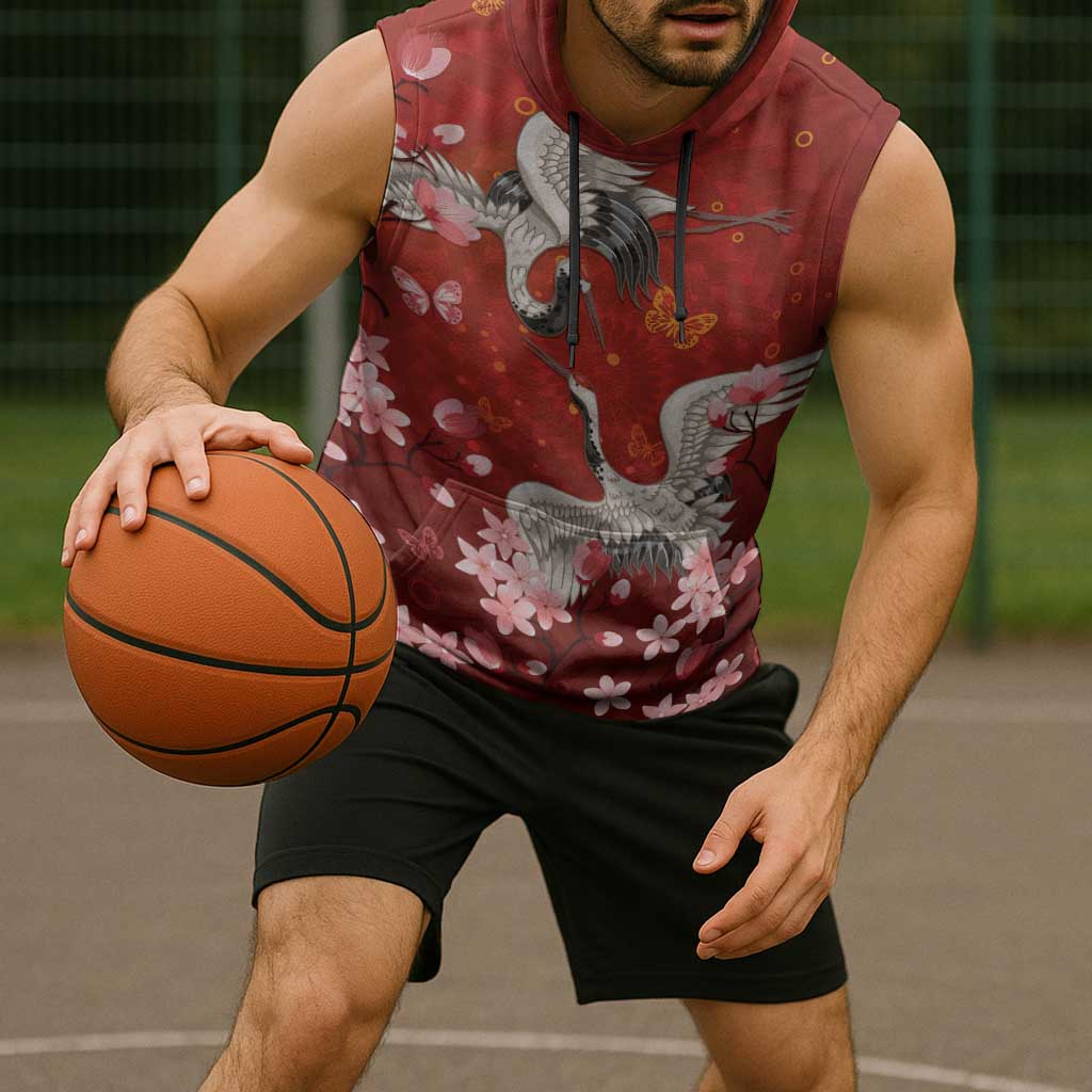 Hawaii Japan Cranes Sakura Flower Red Sleeveless Hoodie Japan Heritage Spirit LT01 - Polynesian Pride
