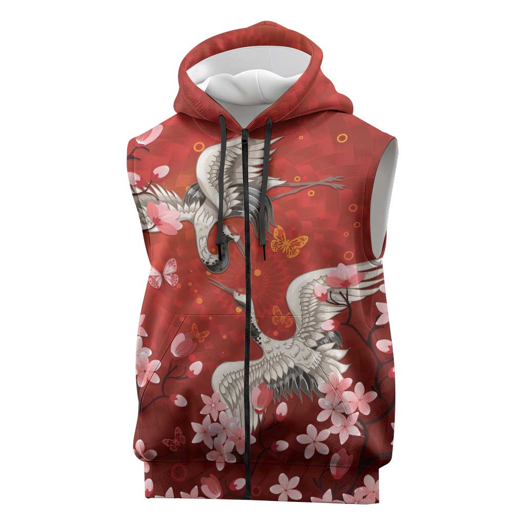 Hawaii Japan Cranes Sakura Flower Red Sleeveless Zip Hoodie Japan Heritage Spirit LT01 Red - Polynesian Pride