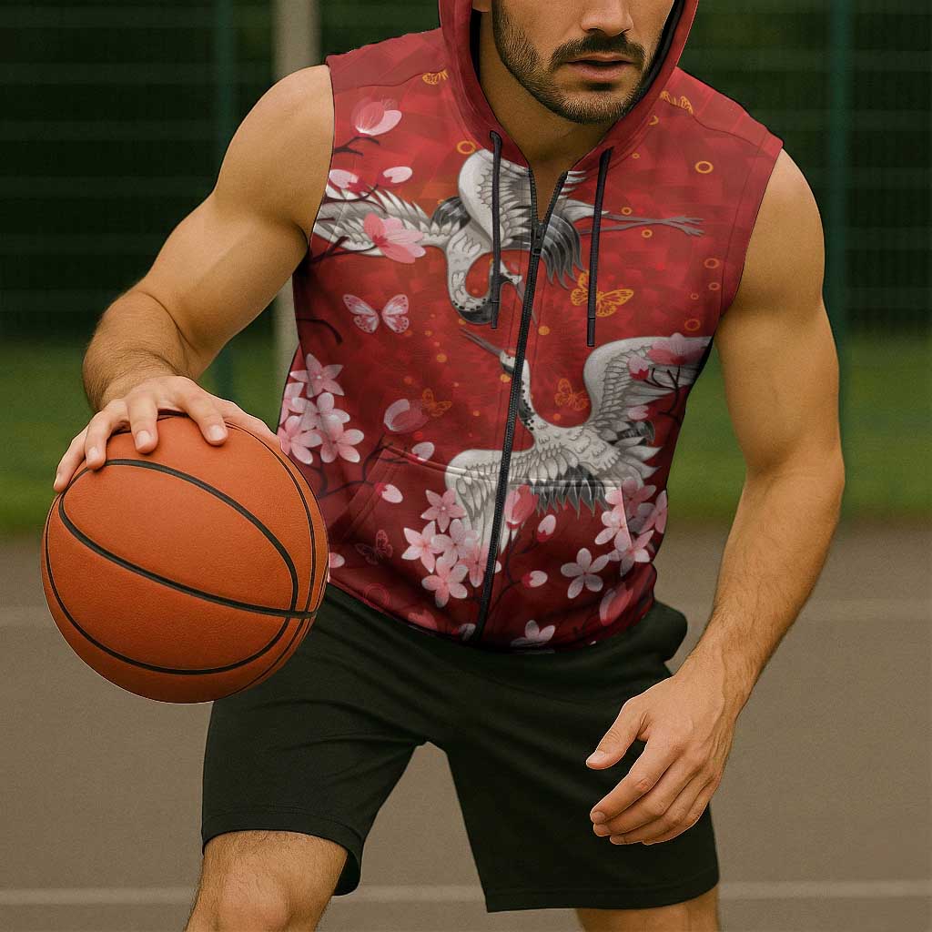 Hawaii Japan Cranes Sakura Flower Red Sleeveless Zip Hoodie Japan Heritage Spirit LT01 - Polynesian Pride