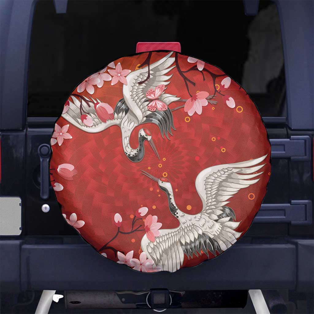 Hawaii Japan Cranes Sakura Flower Red Spare Tire Cover Japan Heritage Spirit LT01 No hole Red - Polynesian Pride
