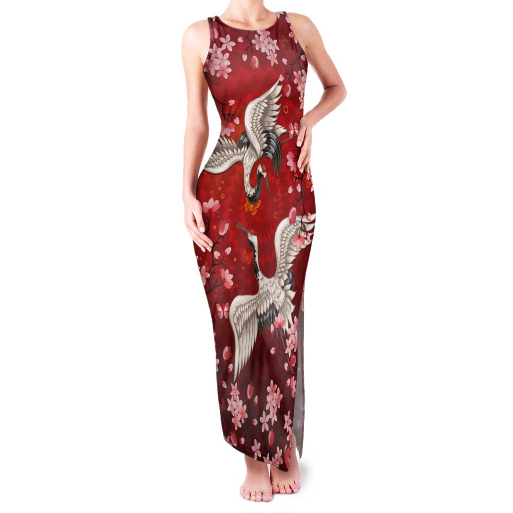 Hawaii Japan Cranes Sakura Flower Red Tank Maxi Dress Japan Heritage Spirit LT01 Women Red - Polynesian Pride