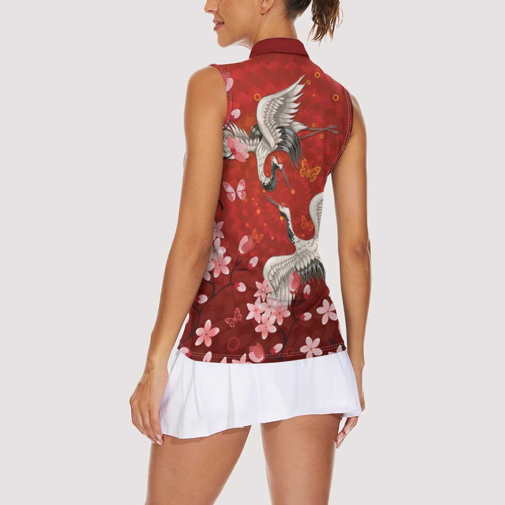 Hawaii Japan Cranes Sakura Flower Red Women Sleeveless Polo Shirt - Japan Heritage Spirit LT01 - Polynesian Pride