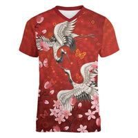 Hawaii Japan Cranes Sakura Flower Red Women V-Neck T-Shirt Japan Heritage Spirit LT01 Female Red - Polynesian Pride