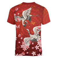 Hawaii Japan Cranes Sakura Flower Red Women V-Neck T-Shirt Japan Heritage Spirit LT01 - Polynesian Pride