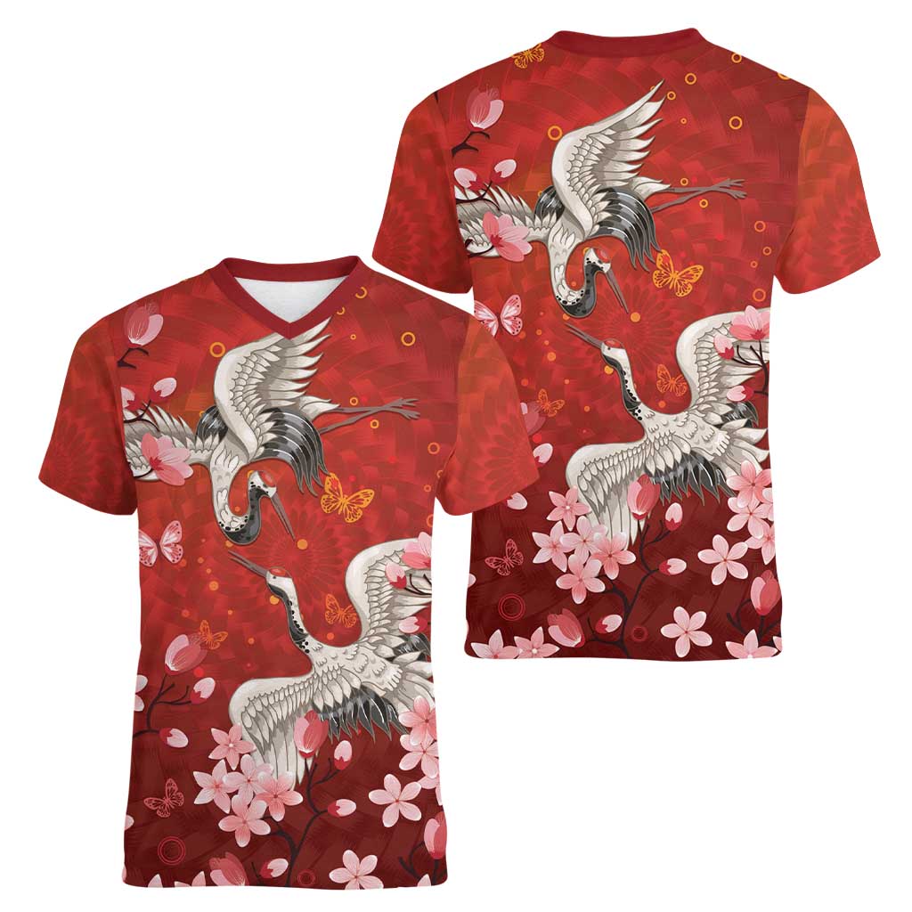 Hawaii Japan Cranes Sakura Flower Red Women V-Neck T-Shirt Japan Heritage Spirit LT01 - Polynesian Pride