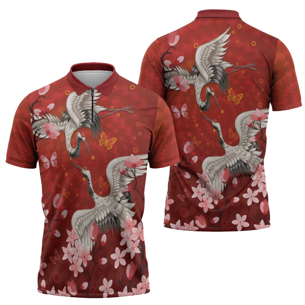 Hawaii Japan Cranes Sakura Flower Red Zipper Polo Shirt Japan Heritage Spirit LT01 - Polynesian Pride