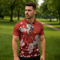 Hawaii Japan Cranes Sakura Flower Red Zipper Polo Shirt Japan Heritage Spirit LT01 - Polynesian Pride