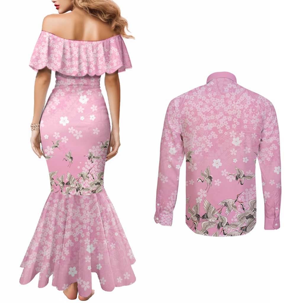 Cranes Sakura Floral Pink Pastel Couples Matching Mermaid Dress and Long Sleeve Button Shirt Hawaii Japan Culture LT01 - Polynesian Pride