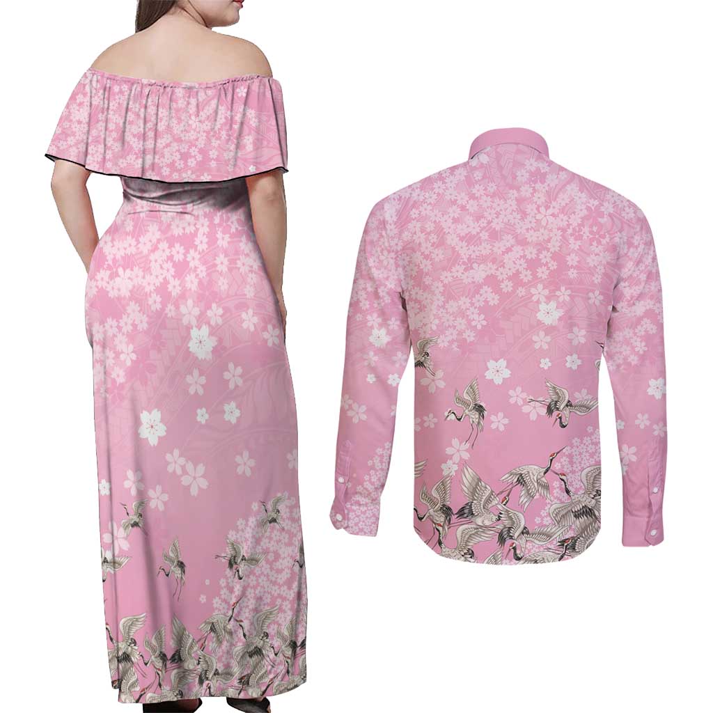 Cranes Sakura Floral Pink Pastel Couples Matching Off Shoulder Maxi Dress and Long Sleeve Button Shirt Hawaii Japan Culture LT01 - Polynesian Pride