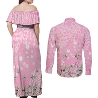 Cranes Sakura Floral Pink Pastel Couples Matching Off Shoulder Maxi Dress and Long Sleeve Button Shirt Hawaii Japan Culture LT01 - Polynesian Pride