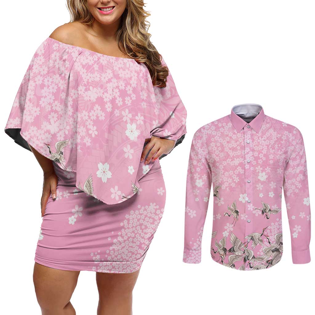 Cranes Sakura Floral Pink Pastel Couples Matching Off Shoulder Short Dress and Long Sleeve Button Shirt Hawaii Japan Culture LT01 Pink - Polynesian Pride