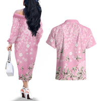 Cranes Sakura Floral Pink Pastel Couples Matching Off The Shoulder Long Sleeve Dress and Hawaiian Shirt Hawaii Japan Culture LT01 - Polynesian Pride