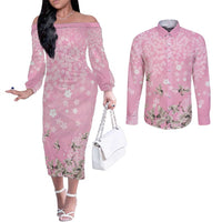 Cranes Sakura Floral Pink Pastel Couples Matching Off The Shoulder Long Sleeve Dress and Long Sleeve Button Shirt Hawaii Japan Culture LT01 Pink - Polynesian Pride