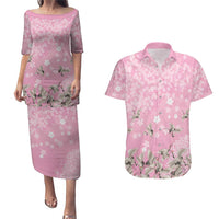 Cranes Sakura Floral Pink Pastel Couples Matching Puletasi and Hawaiian Shirt Hawaii Japan Culture LT01 Pink - Polynesian Pride