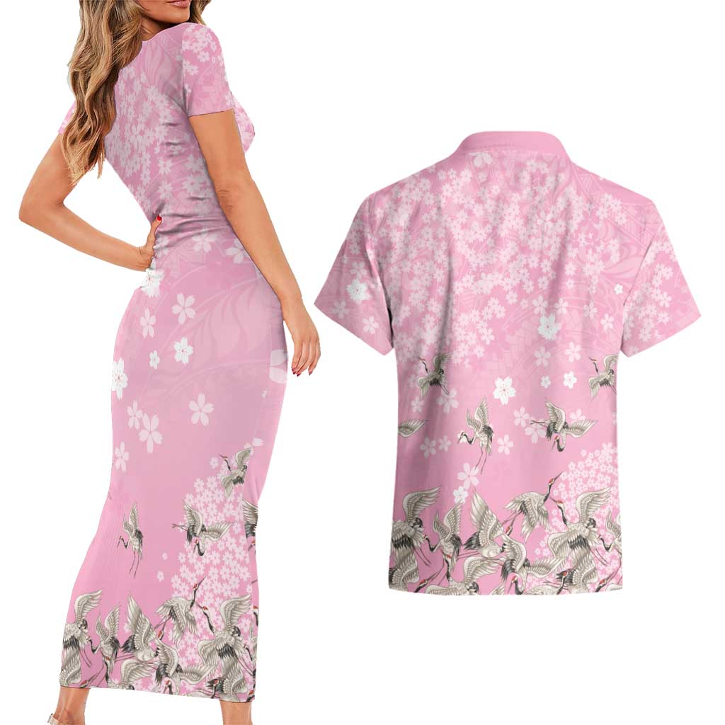 Cranes Sakura Floral Pink Pastel Couples Matching Short Sleeve Bodycon Dress and Hawaiian Shirt Hawaii Japan Culture LT01 - Polynesian Pride