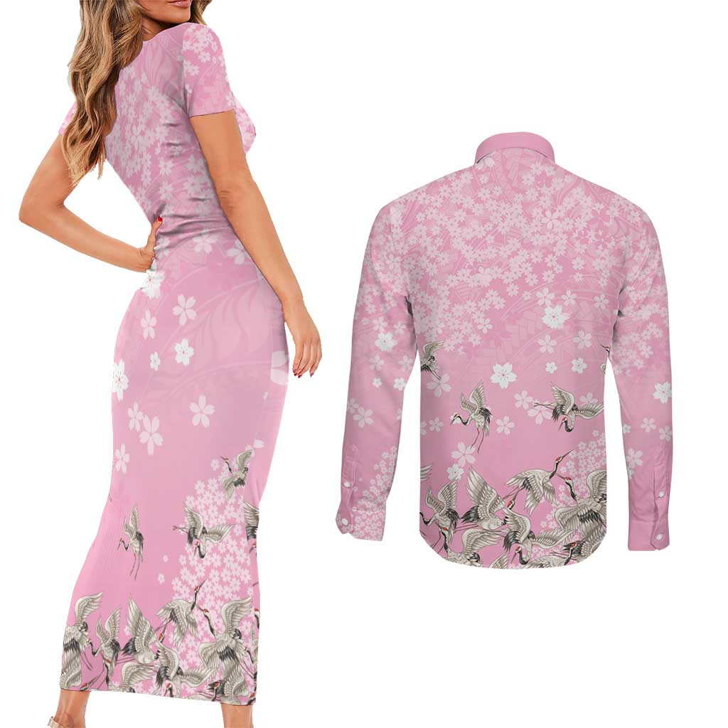 Cranes Sakura Floral Pink Pastel Couples Matching Short Sleeve Bodycon Dress and Long Sleeve Button Shirt Hawaii Japan Culture LT01 - Polynesian Pride