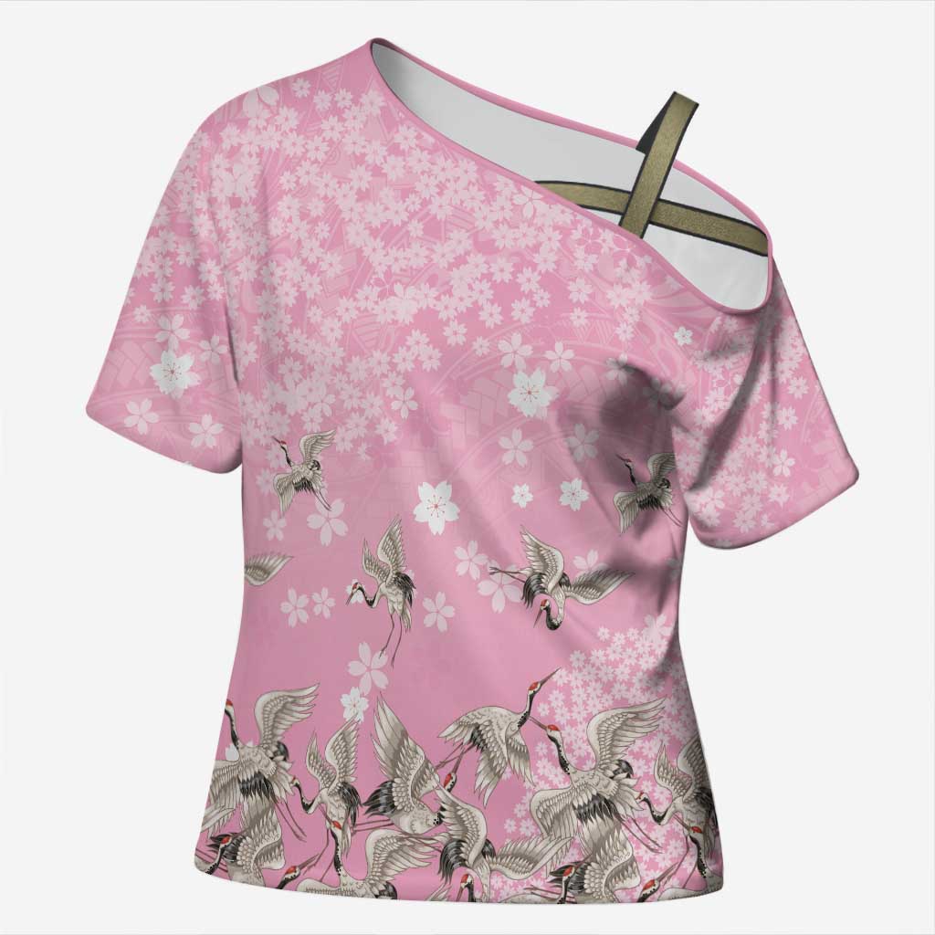 Cranes Sakura Floral Pink Pastel Cross Shoulder Shirt Hawaii Japan Culture - Polynesian Pride